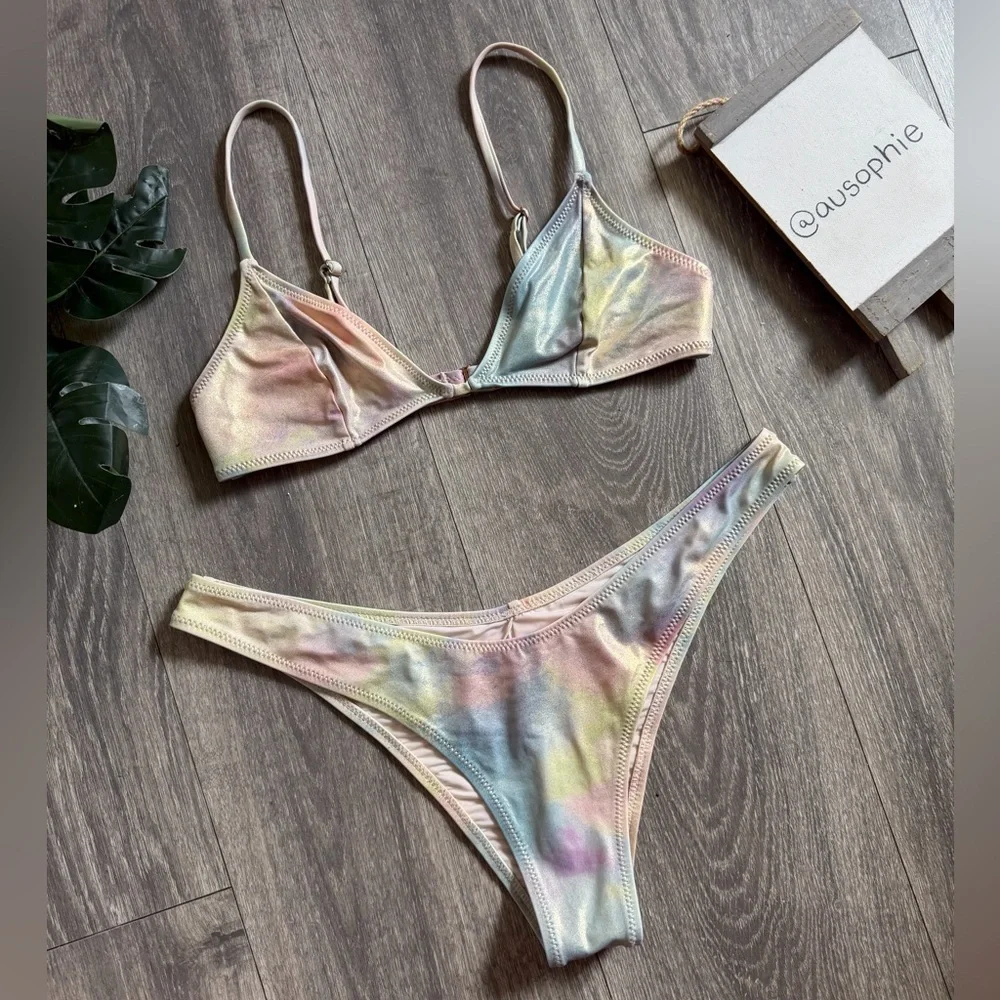 Bond Eye Australia Paris Bikini Tri Top S & Bottom M in Cosmic Rainbow Metallic.